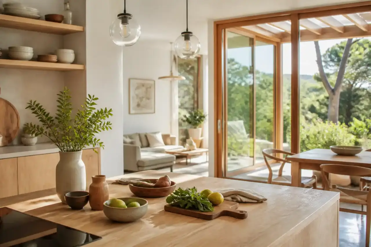 Intérieur minimaliste aux murs minéraux traversé par une lumière naturelle franche