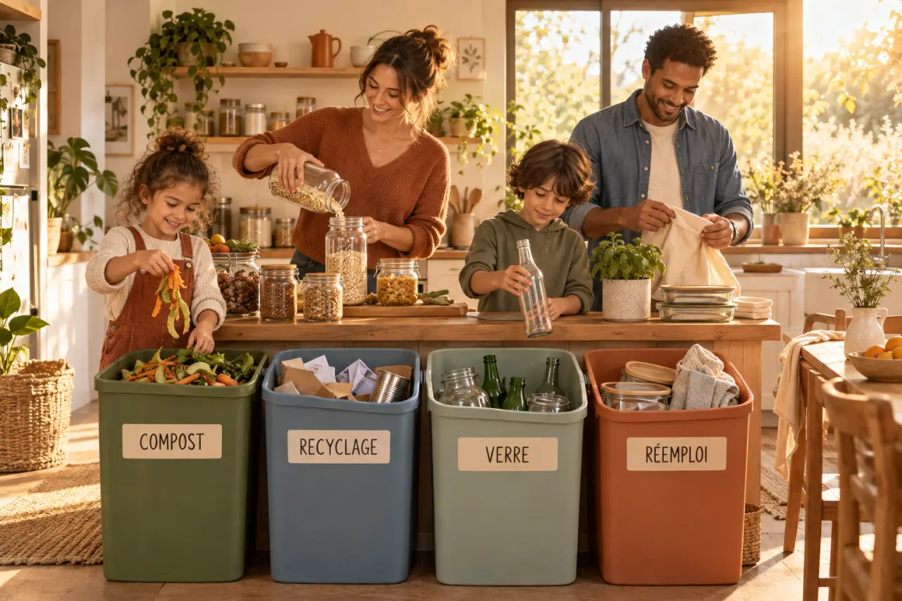 Une famille zéro déchet progresse avec 4 flux suivis et des gestes simples